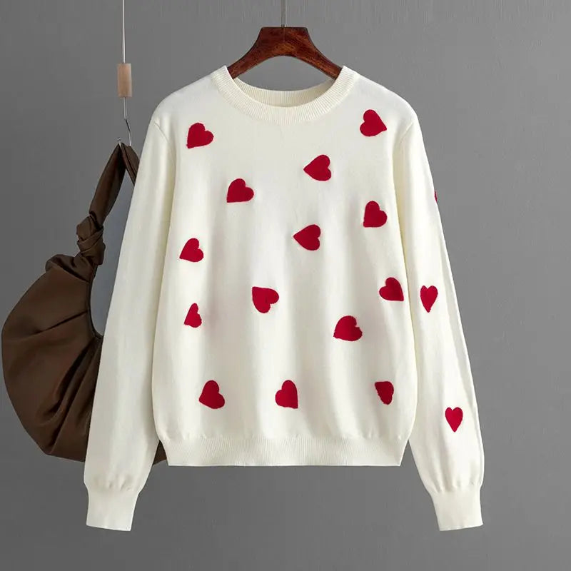 Frauen Herz Druck Gestrickte Pullover Herbst Winter Lose Pullover Elegante Strickwaren Jumper Valentinstag Tops