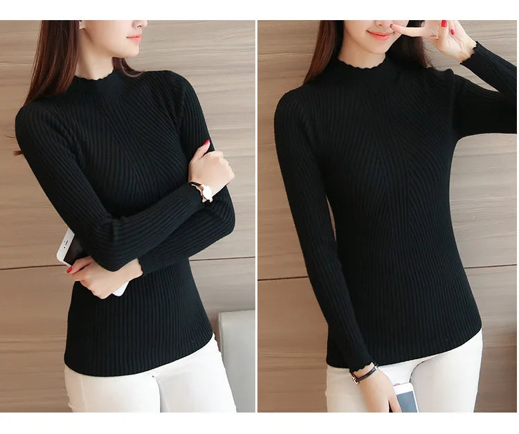 2025 herbst Frauen Mock Neck Rüschen Pullover Langarm Gestrickte Bodenbildung Solide Pullover Streifen Frauen Casual Pullover Winter