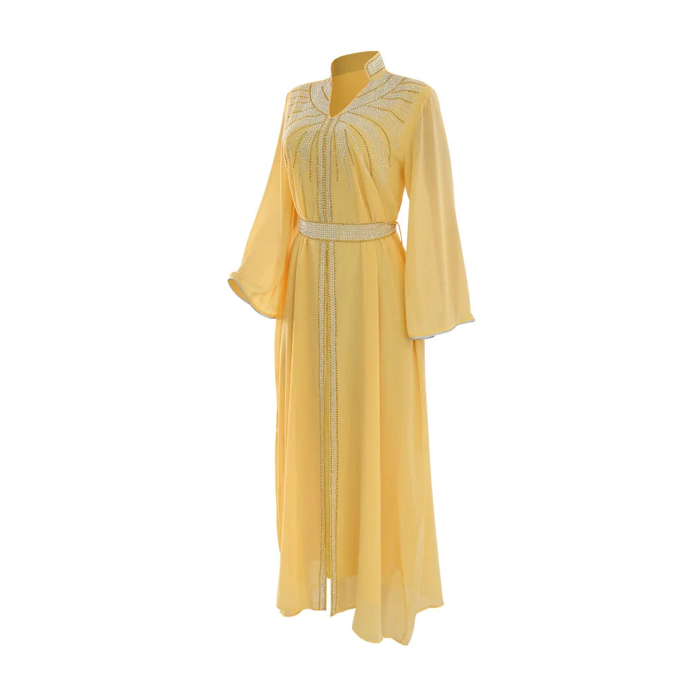 Uni Arabische Robe Mode Nahen Osten Muslimischen Kaftan Dubai Hot Fix Diamant Party Abendkleider für Frauen Kerb Stehkragen