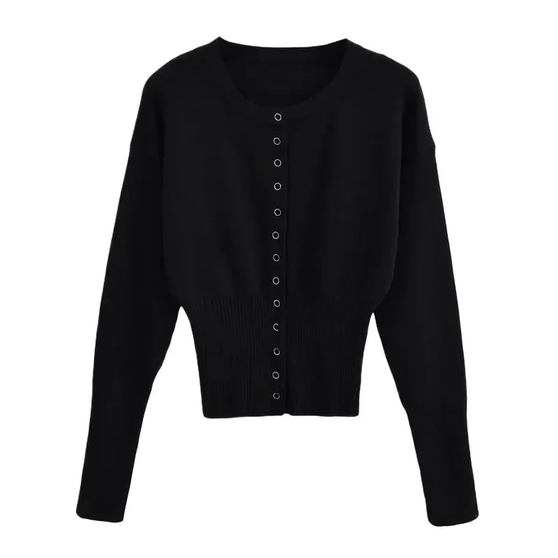 Women's High Waist Round Neck Single Breasted Cardigan Solid Long Sleeve Short Sweater Top Autumn Slim Bottoming Shirt