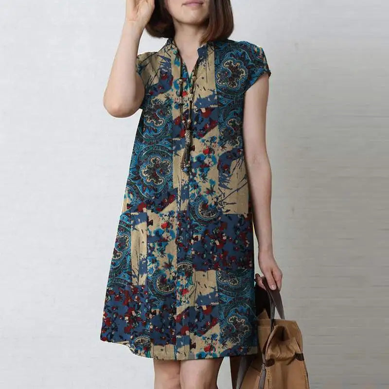 Zanzea Vintage Sommerkleid Sommer knielanges Kleid Frauen Kurzarm lässig Urlaub Kleider Bohemian Blumen gedruckt Vestidos Robe