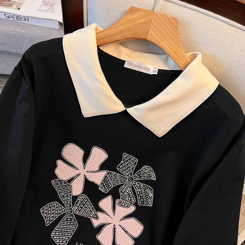 170 kg Plus Size Damen-Büste 170 Frühling Herbst Loose Diamond Collared Sweatshirt Schwarz 4XL 5XL 6XL 7XL 8XL 9XL