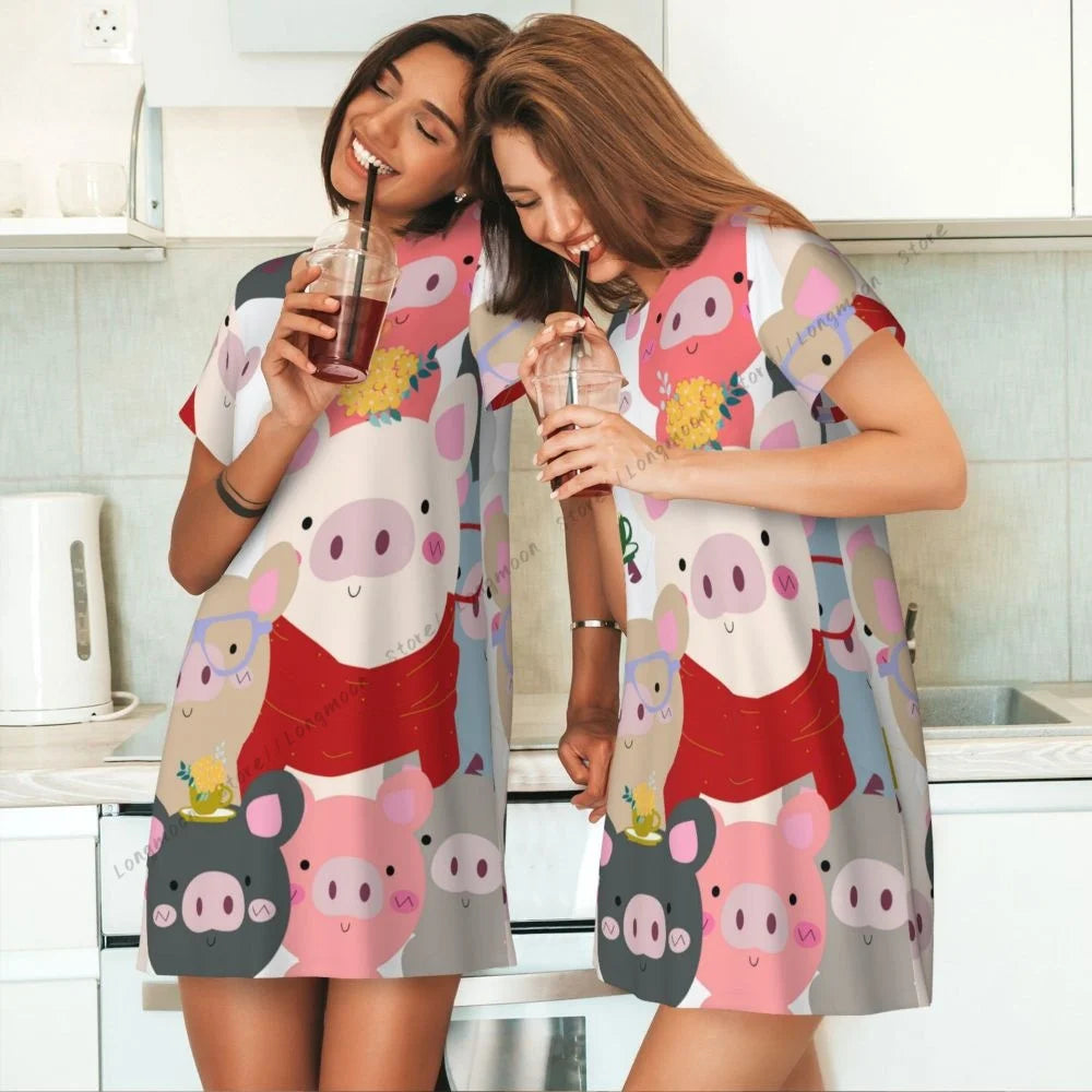 Sommer-Damen-Pyjama, Vintage-Stil, süßes Babyschwein, blau, grau, Pastell, Cartoon-Comic-Kunst, kurzärmeliges Nachthemd, dünner langer Rock, Homewear