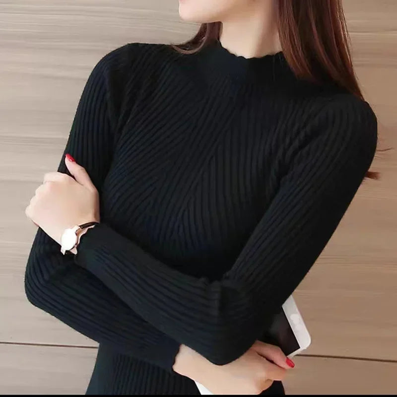 Frauen Mock Neck Rüschen Pullover Langarm Gestrickte Bodenbildung Solide Pullover Frauen Casual Streifen Pullover Herbst Winter 2023