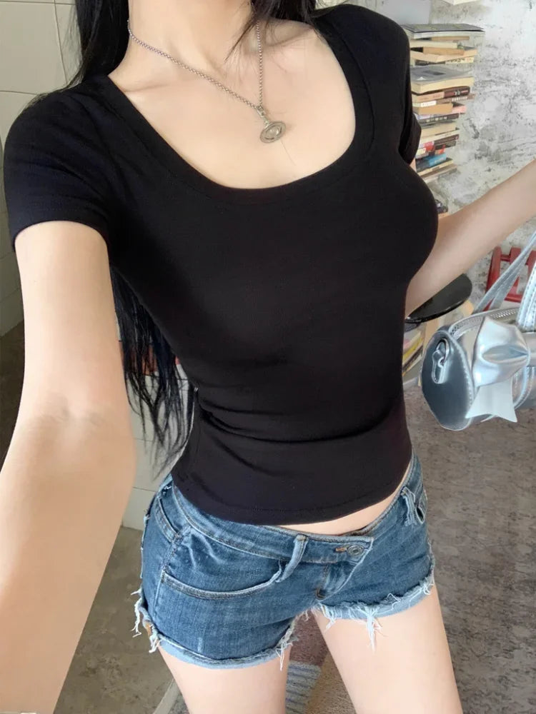 Womens Basic T-Shirts Square Neck Short Sleeve Top Solid Color Cute Summer Skinny Tops Slim Fit Tee Shirt Casual Clothing.
