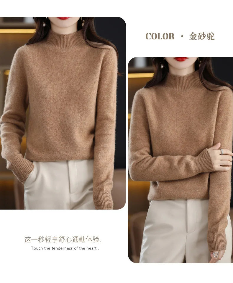 Herbst Winter Frauen Pullover Koreanische Mode Warme Bodenbildung Shirts Halb Hohe Kragen Grundlegende Strickwaren Solide Langarm Pullover