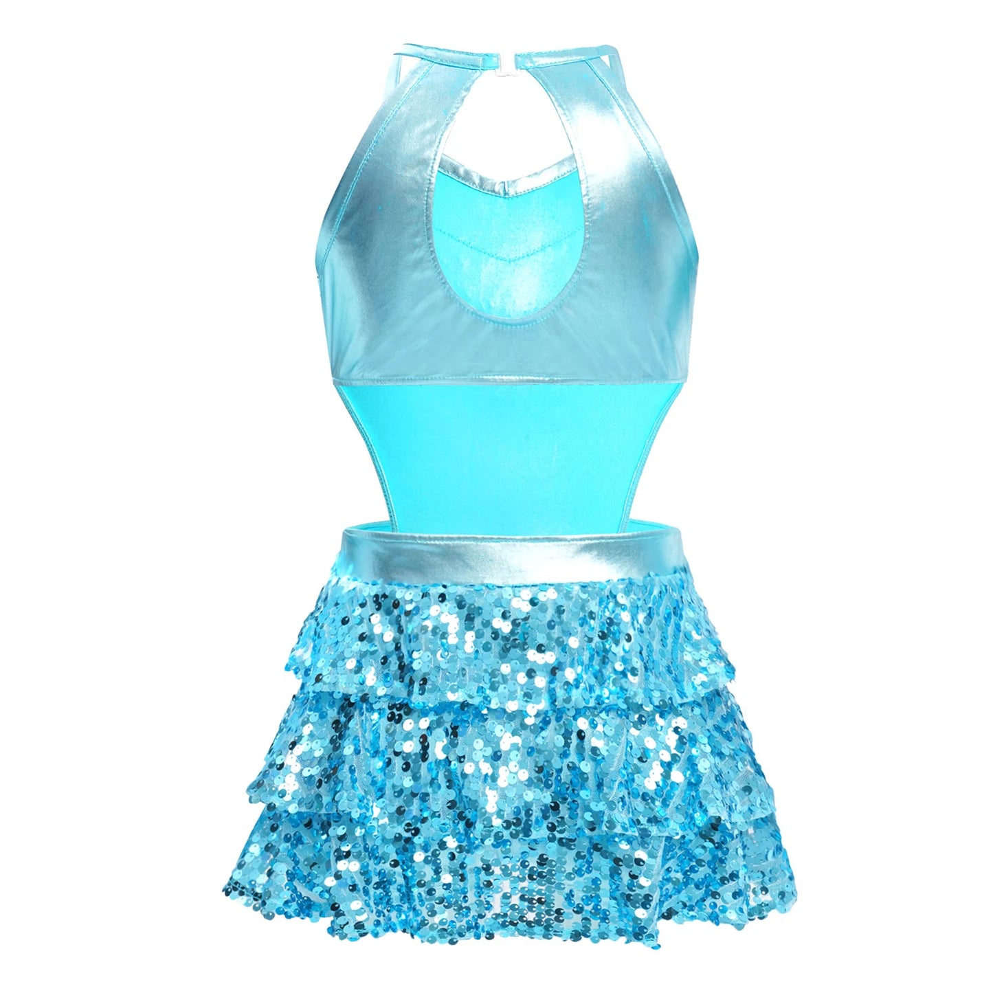 Kinder Mädchen Pailletten Jazz Ballett Tanzkleid Ärmellos Ausschnitt Tiered Rüschen Trikot Salsa Samba Rumba Skating Performance Kostüm