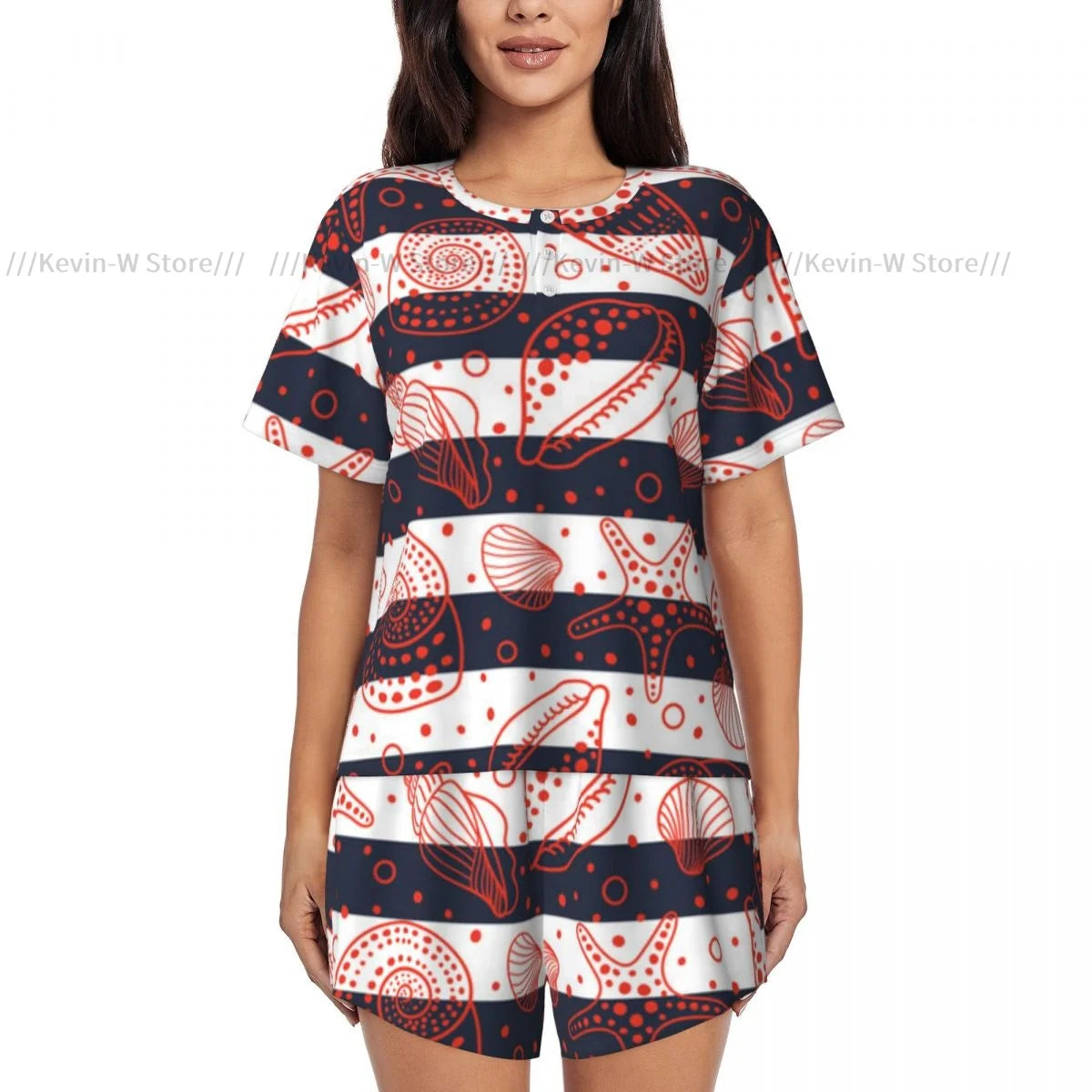 Damen-Pyjama-Set, kurzärmelig, nautisch, niedlich, gestreift, Marine-Muscheln und Fossilien, Nachtwäsche, Loungewear für Sommer-Nachtwäsche