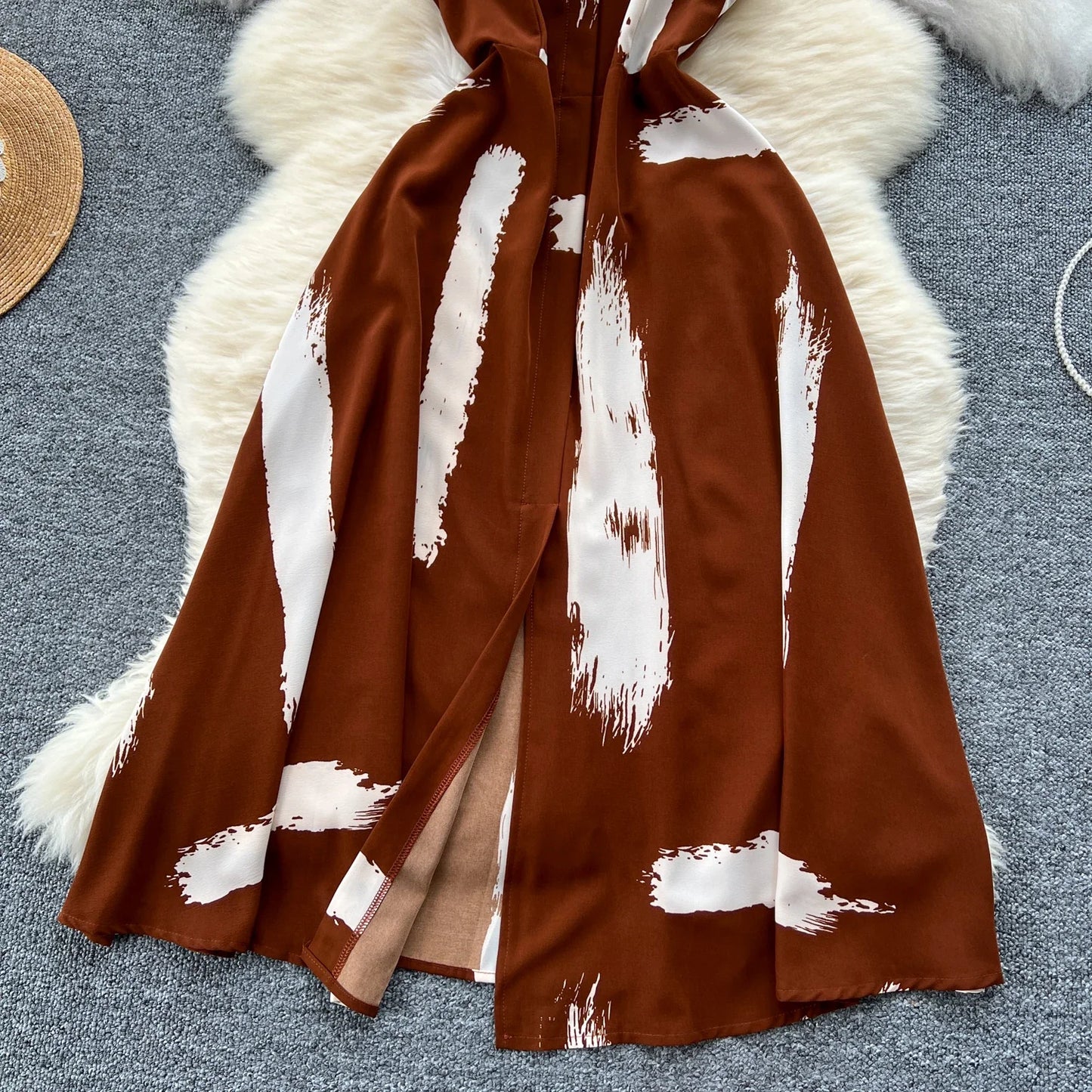 Neue Sommer Druck Süße Kleid Träger O Neck Backless Split Elegante Damen Urlaub Strand Party Midi Sommerkleid