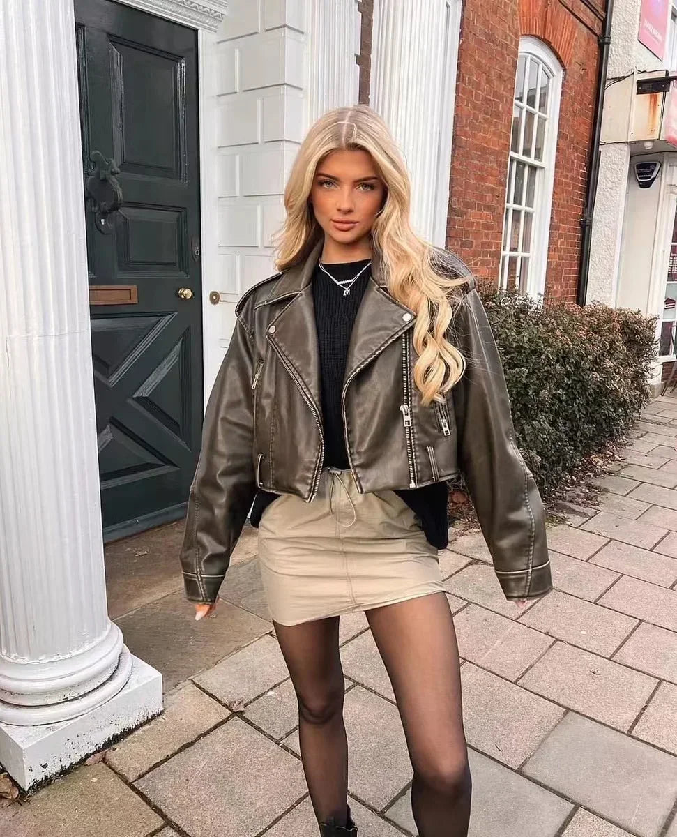Neue Frühjahr Frau Faux Leder Jacke Chic Vintage Amerikanische straße tragen Kurze Revers Zipper Gürtel Biker Mäntel Mode Streetwear