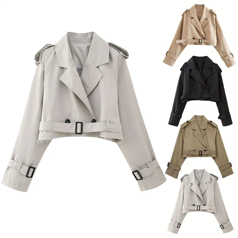 Frauen kurze Blazer Jacken Herbst elegante Vintage einfarbige Langarm Zweireiher Trenchcoat mit Gürtel