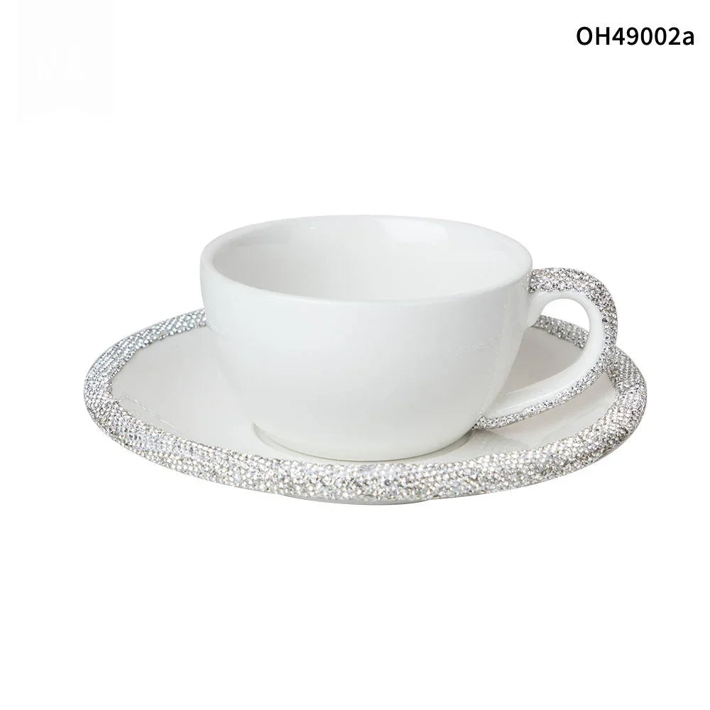 1 Set 210ml Cappuccino Coffee Cup Set Sparkling Rhinestone Ceramic Mugs With Saucer Afternoon Tea Cup Dessert Plate Tablewar.