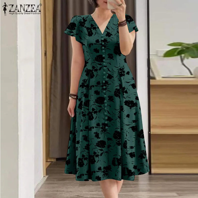 ZANZEA Damen-Sommerkleider, Rüschenärmel, V-Ausschnitt, Cinch-Taille, Damen, elegant, Blumendruck, Party, Pendeln, A-Linie, Midi-Sommerkleid