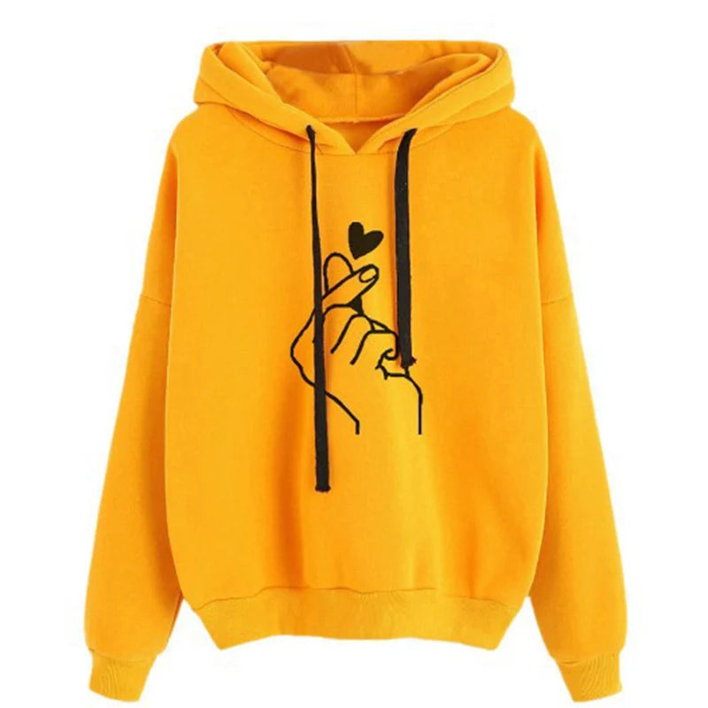 Herbst Fleece Hoodie Einfarbig Finger Herz Mit Kapuze Koreanische Mode Sweatshirts Langarm Top Kordelzug Taschen Lose Hoodies