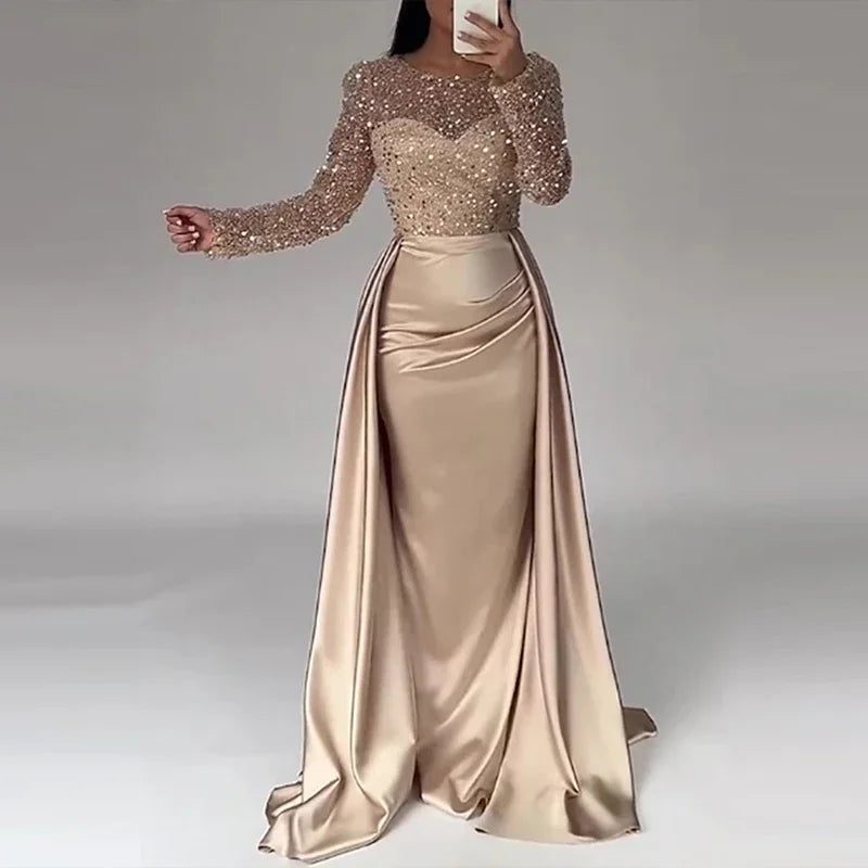 Elegant Satin Sequin Stitching Dress Luxury Glitter High Waist Gala Evening Dress Women Chic Long Sleeve Full Length Party Dress