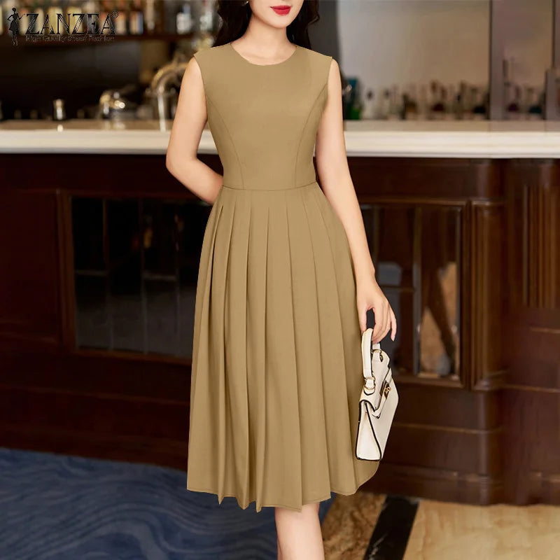 ZANZEA Elegante Frauen Plissee Midi Kleider Ausgestattet Taille Ärmel Solide Party Vestidos 2025, Sommer O Neck Pendeln Roben Femme