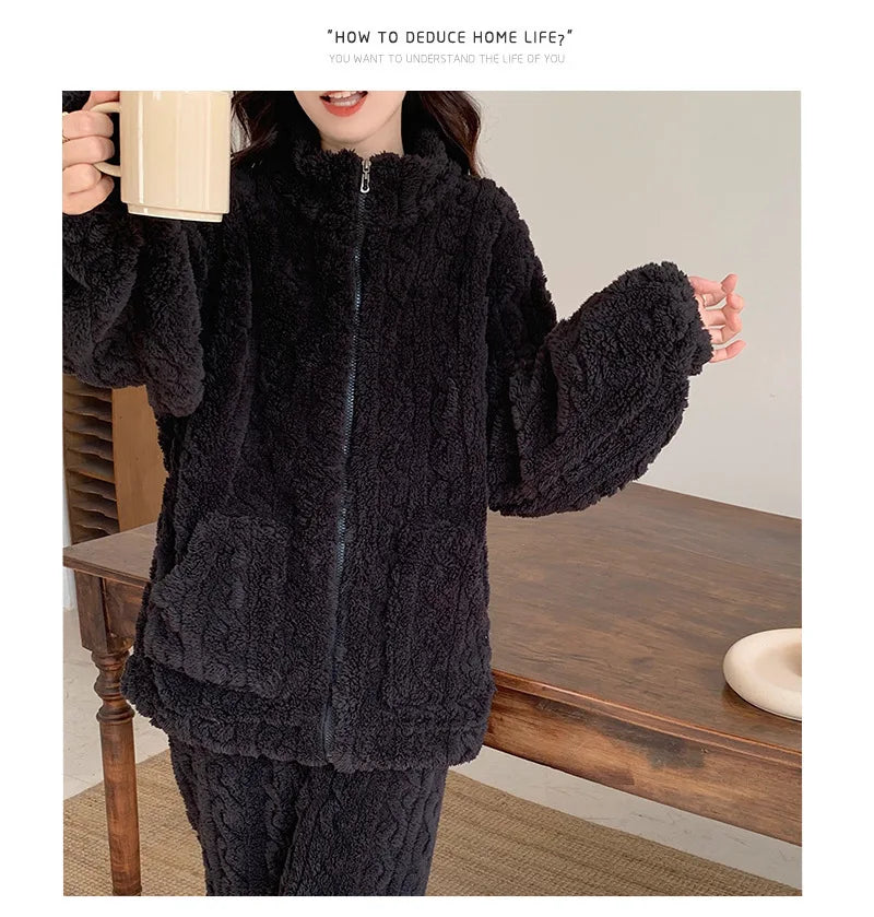 Große Größe Flanell Pyjama Set Herbst Winter Weibliche Nachtwäsche Hosen Anzug Verdicken Korallen Fleece Hohe Kragen Lounge Tragen Homewear