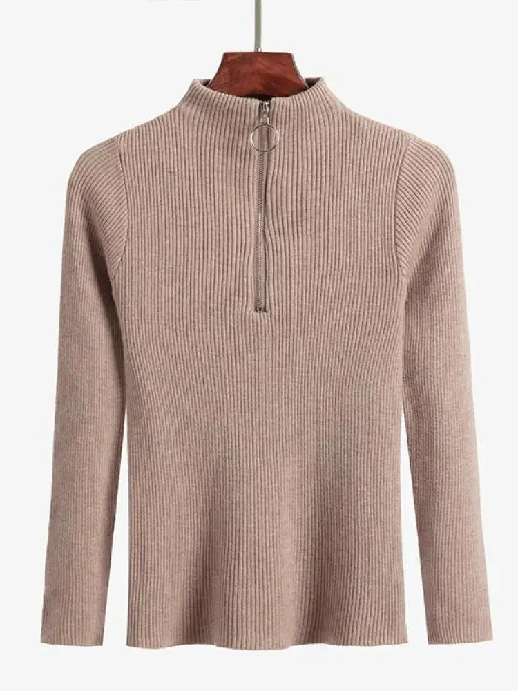 Frauen Fashion Solid Strick Pullover Vintage Langarm Zip-up Grundlegende Hälfte Rollkragenpullover Weibliche Pullover Chic Casual Tops