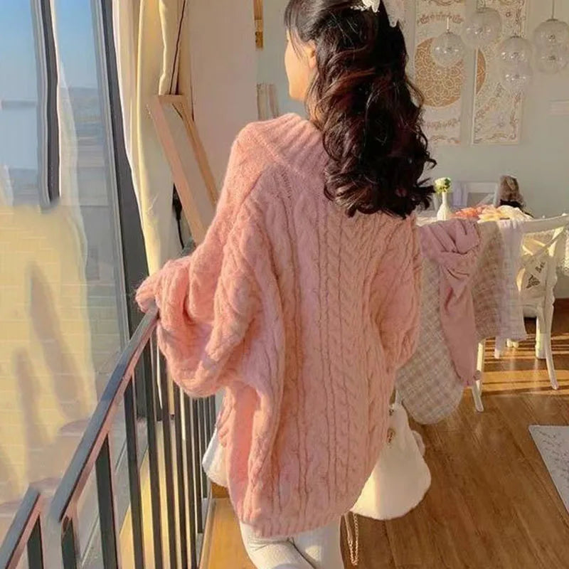 Herbst Winter Frauen Pullover Harajuku Übergroßen Gestrickte Pullover Koreanische Langarm V-ausschnitt Strickwaren Preppy Solide Lose Jumper