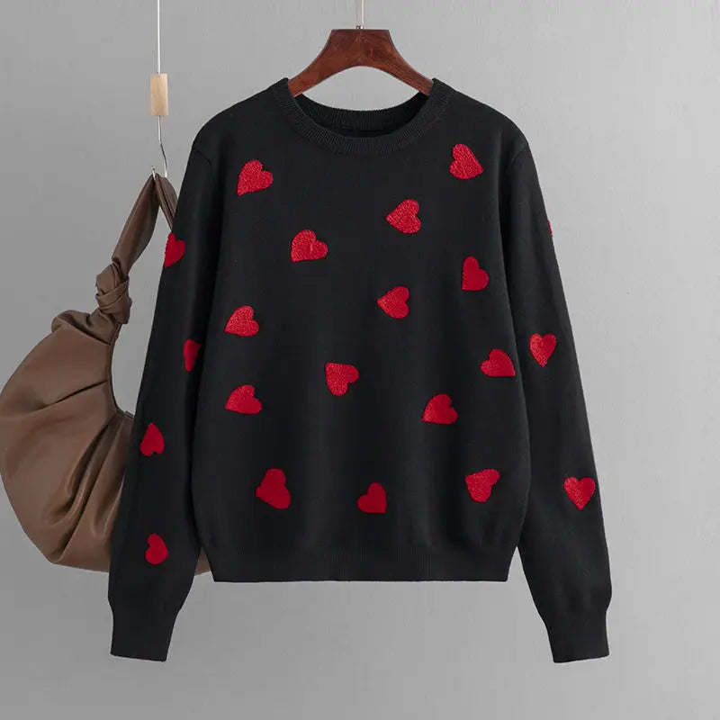 Frauen Herz Druck Gestrickte Pullover Herbst Winter Lose Pullover Elegante Strickwaren Jumper Valentinstag Tops