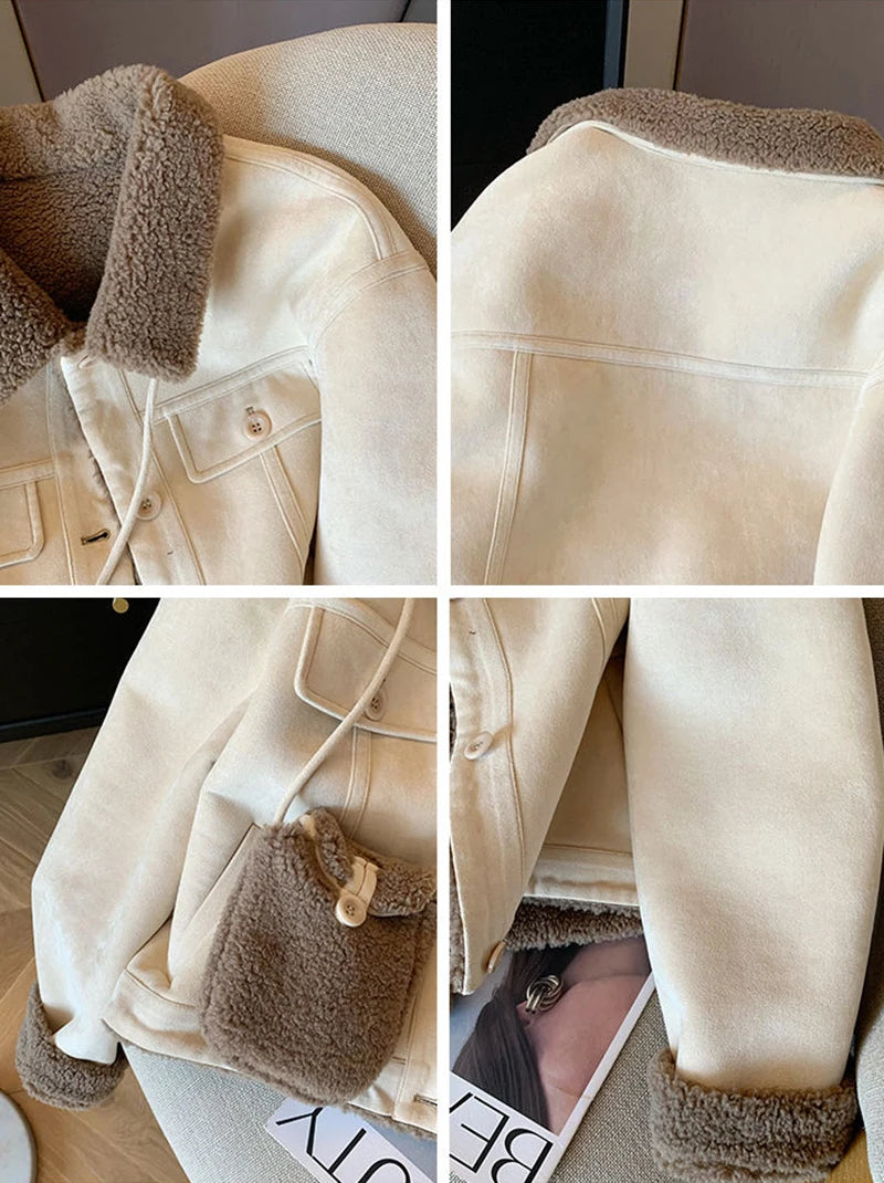 Wildleder Samt Lamm Jacke Frauen Herbst Winter Dicke Warme Turndown Kragen Mantel Y2K Lose Streetwear Alle Spiel Langarm Outwear