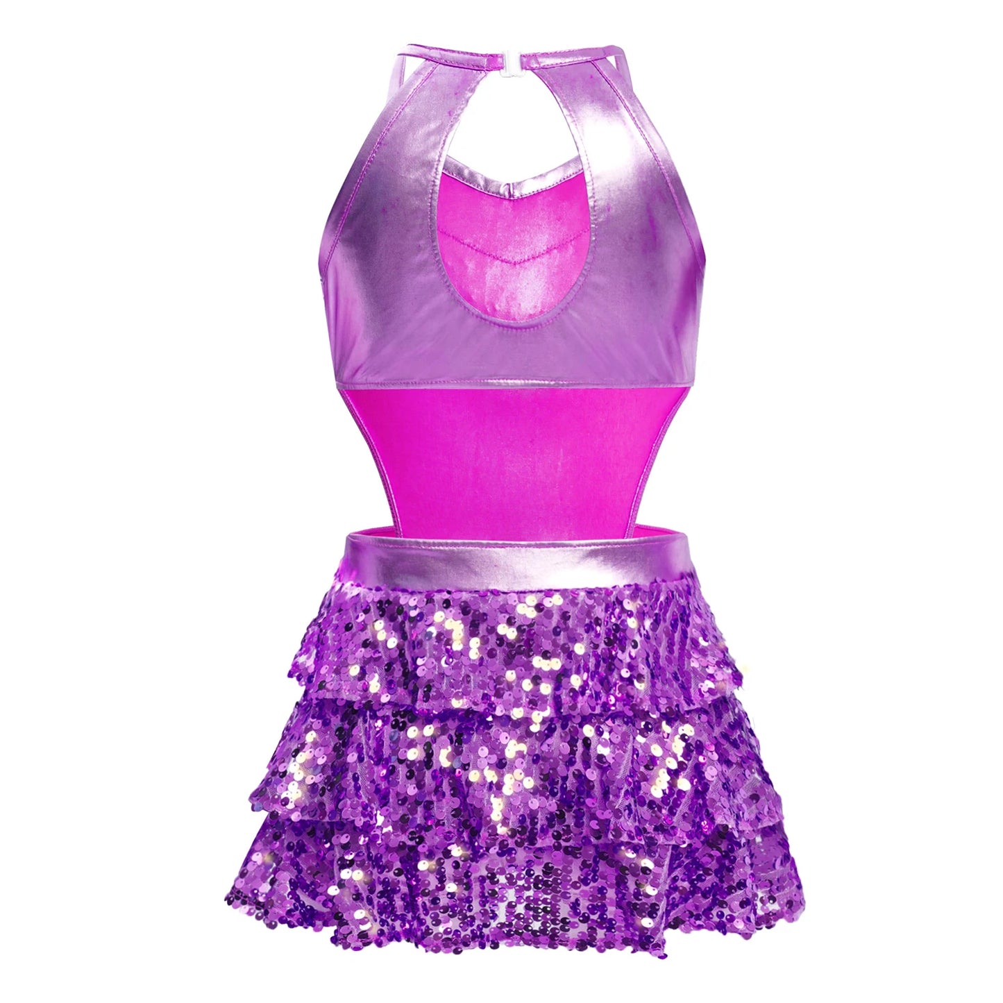Kinder Mädchen Pailletten Jazz Ballett Tanzkleid Ärmellos Ausschnitt Tiered Rüschen Trikot Salsa Samba Rumba Skating Performance Kostüm