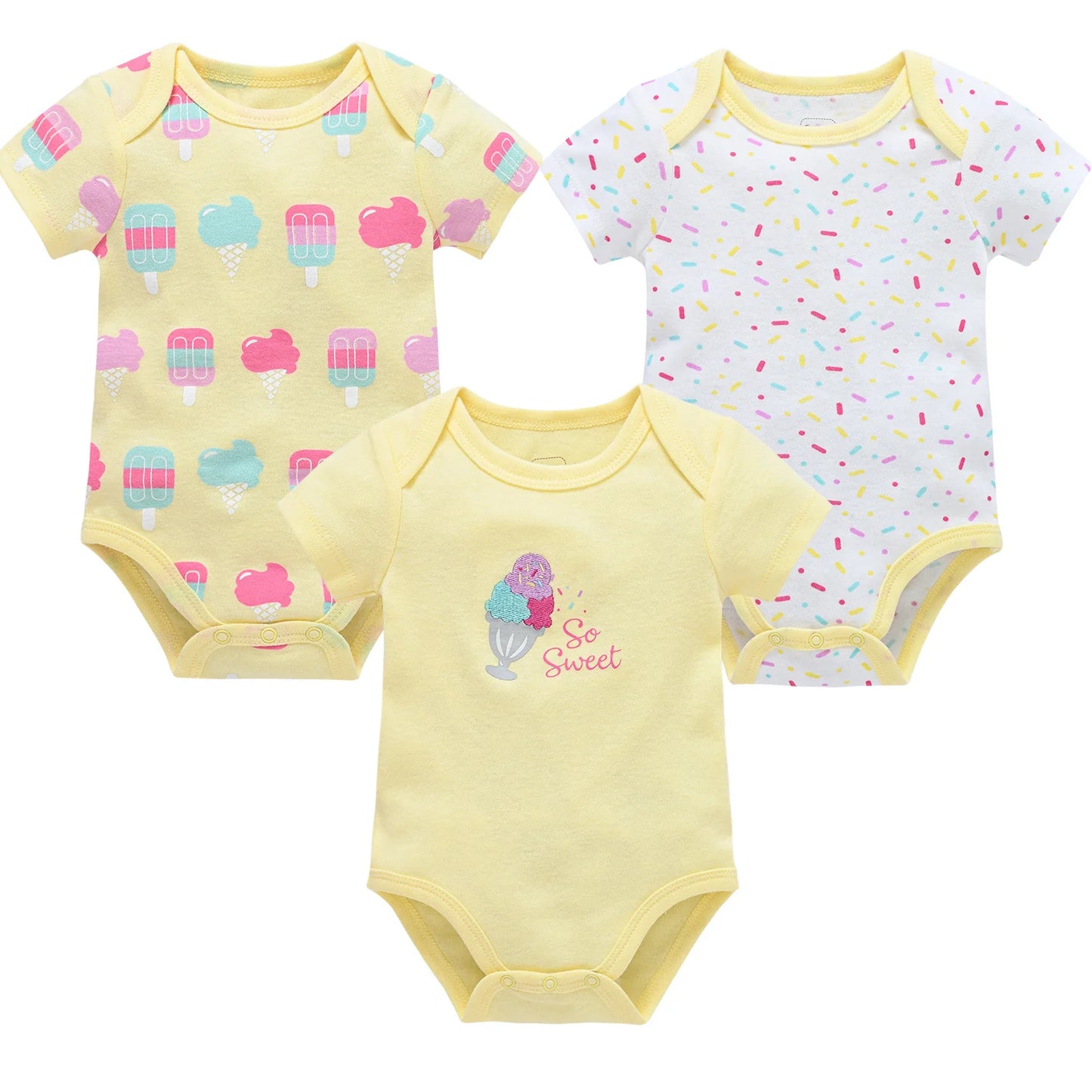 Kavkas 3-teiliger Baby-Body für Jungen und Mädchen, 0–12 Monate, kurzärmelig, Sommer-Baumwollkleidung, Cartoon-Druck, Säuglingskleidung