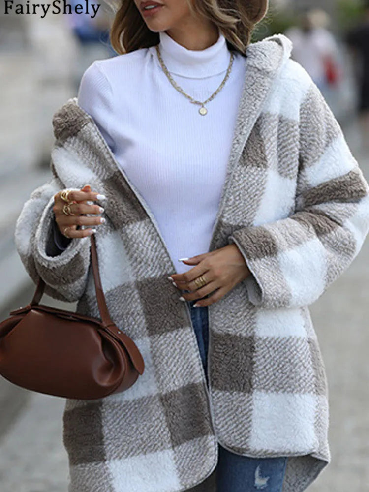 2025 herbst Winter Frauen Plüsch Mit Kapuze Jacke Weibliche Elegante Dicke Lose Plaid Print Mantel Damen Casual Zwei-seitige warme Lange Mantel