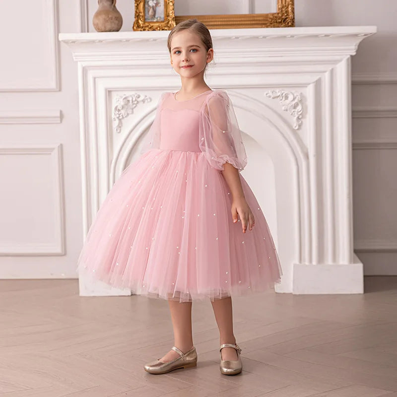 Kinder Kleider V-Rücken Große Schleife Perlen Prinzessin Kleid Geburtstag Party Tüll Kleid Für Mädchen Leistung Hochzeit Prom Flauschigen kleid