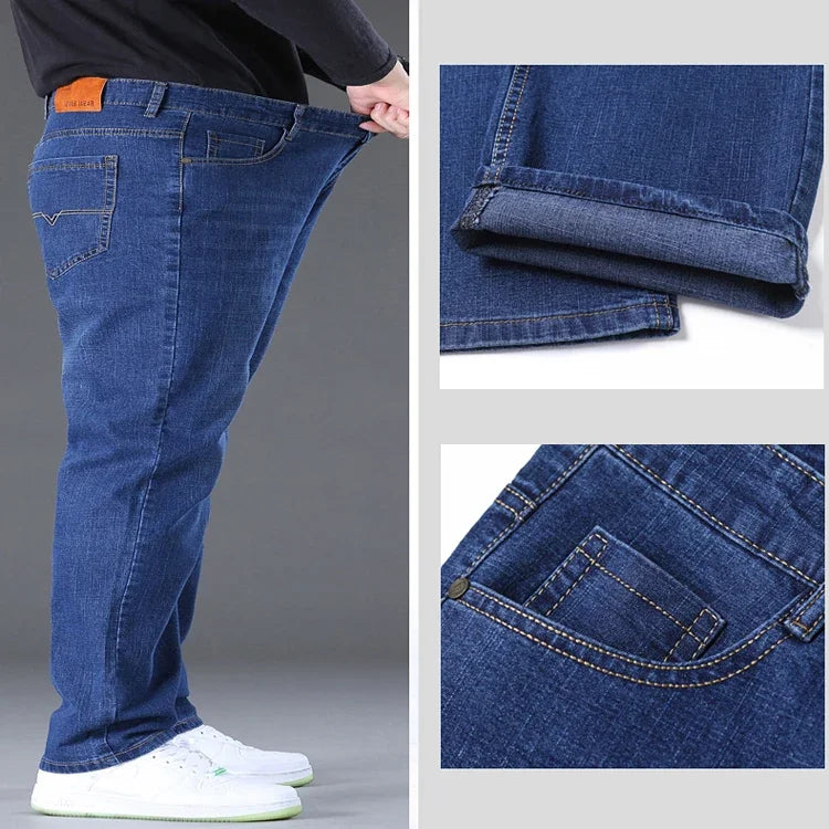 Große Größe Herren Jeans High Stretch Denim Stoff Große Größe Hosen für 45-150 kg Jeans Hombre Jeans mit weitem Bein Pantalon Homme