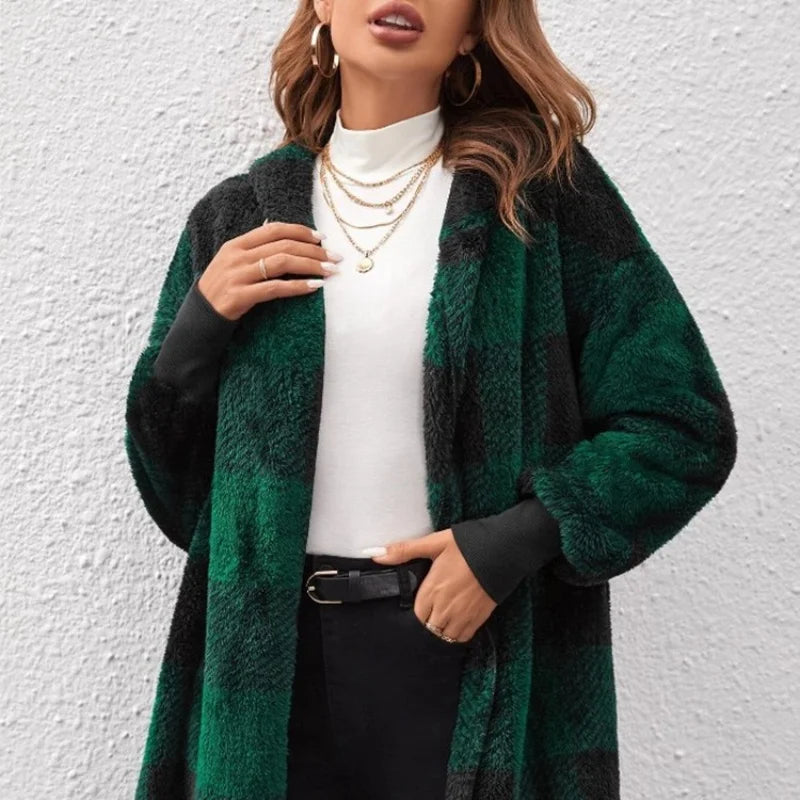Frauen Herbst Winter Doppel Fleece Plaid Strickjacke Weiche Lose Lange Hülse Plüsch Warme Mit Kapuze Jacke Weibliche Patchwork Oberbekleidung Mantel
