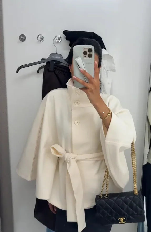 Damen-Jacke aus Wolle mit weißem Bund, elegant, langärmelig, Stehkragen, einreihig, Oberbekleidung, 2025, neuer Straßen-Outdoor-Mantel