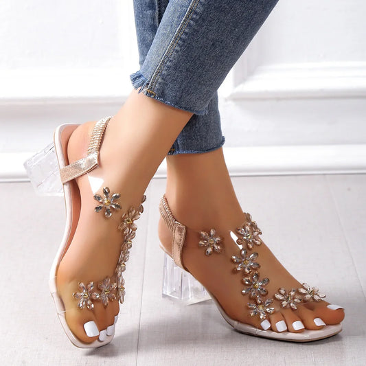 Women;s Sandals Pvc Crystal Flower Shoes for Women Decoration Chunky Heel Sandals Ladies Back Strap Fashion Shoes Female2024.