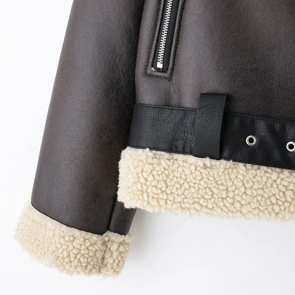 TRZA-Damen-Jacke aus dickem, warmem Wildleder mit Gürtel, langärmlige Mäntel, Kunstscheren, weibliche Oberbekleidung, schicke Oberteile, Wintermode