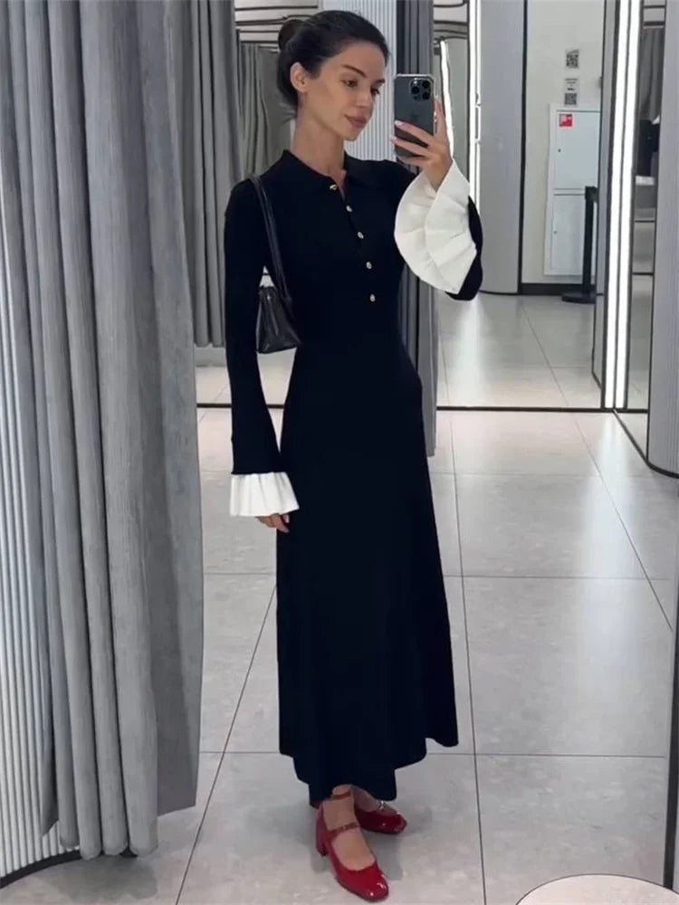 Tossy Weibliche Rüschen Strickwaren Langes Kleid Mode Patchwork Schlank Kontrast Revers Casual Party Kleid Kleid frauen Stricken Maxi Kleid