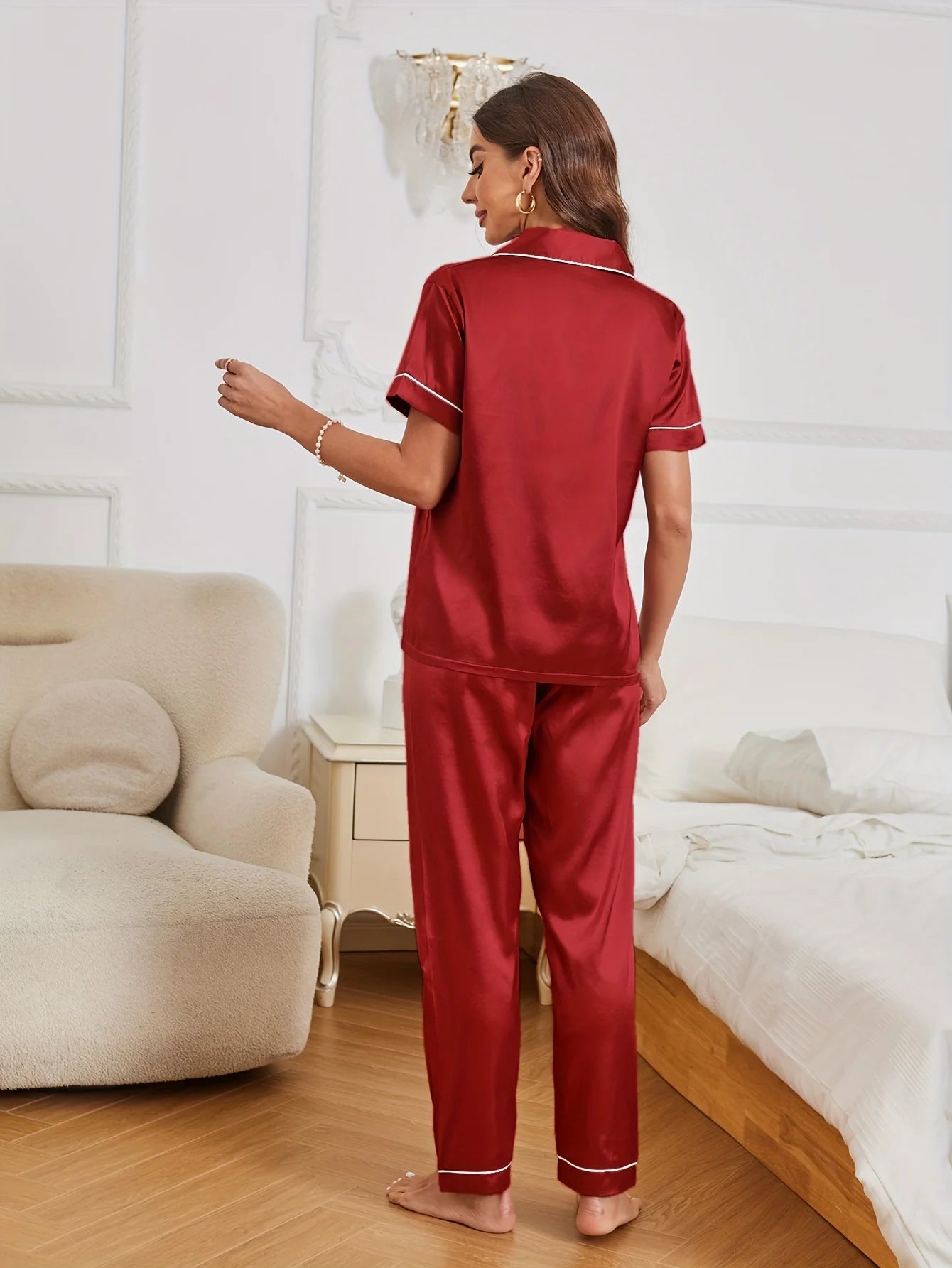Pyjama-Set aus Satin mit Herz-Stickerei, lässig, kurzärmelig, Knopfleiste, Reverskragen, Oberteil und Hose, Damen-Nachtwäsche
