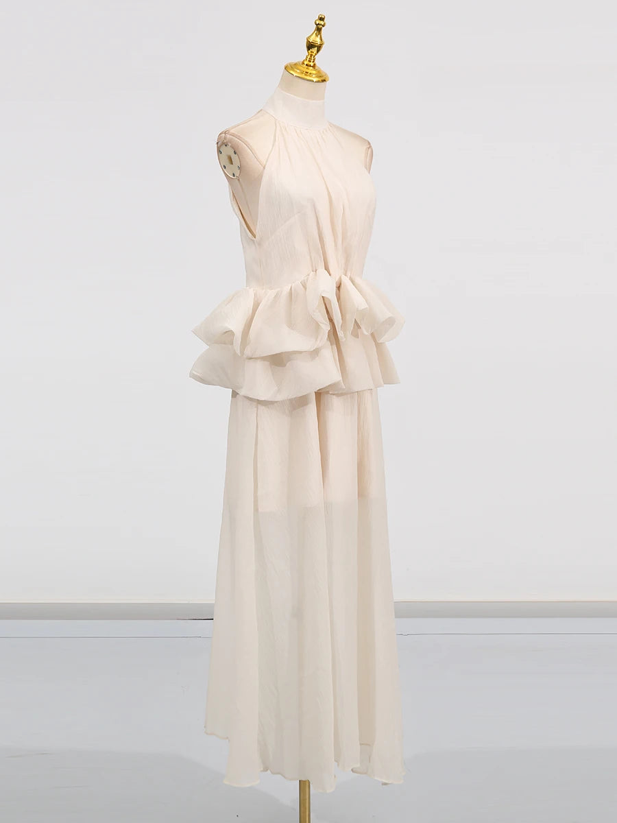 VGH Solide Abend Gespleißt Rüschen Maxi Kleider für Frauen High Neck Ärmellose Tunika Temperament Zeremonie Kleid Weibliche Kleidung