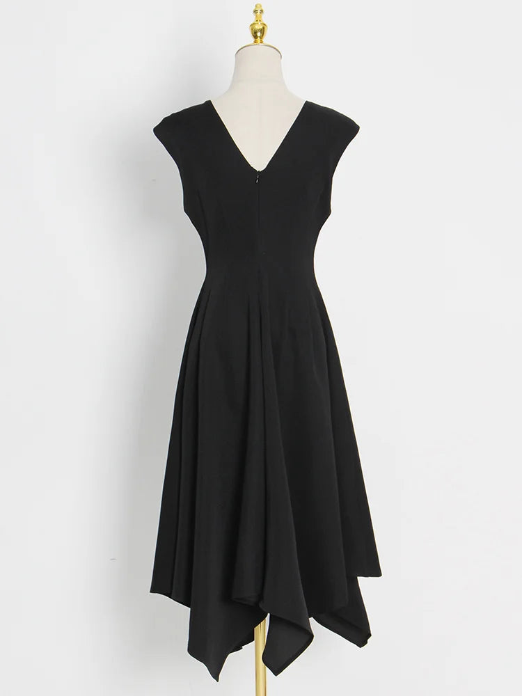 TWOTWINSTYLE Elegante Schwarz Kleid Für Frauen Quadrat Kragen Ärmellose Hohe Taille Solide Patchwork Bowknot Midi Kleider Weiblichen Stil