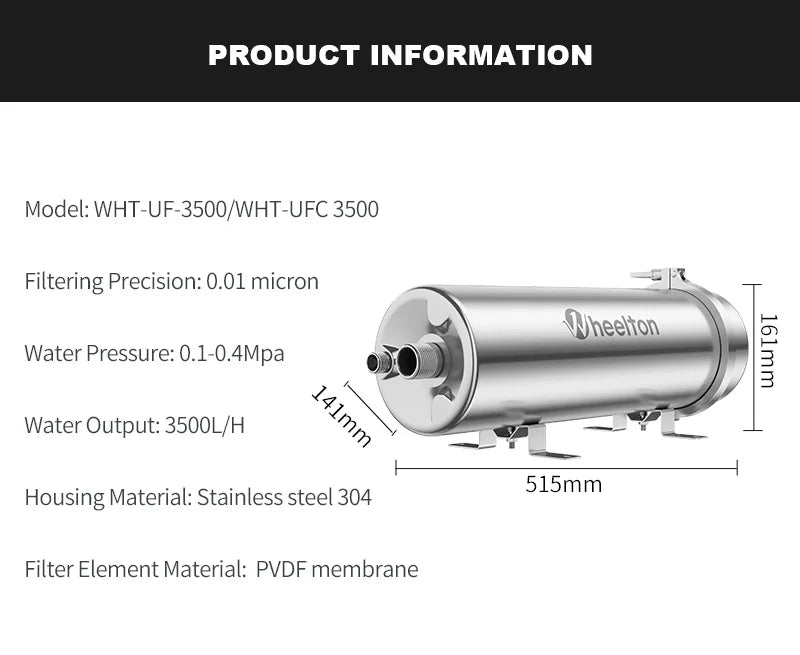 Wheelton PVDF UF 3500L/H Water Purifier Whole House Ultrafiltration Filter 0.01um Filtration SUS304 Drinkable Water.