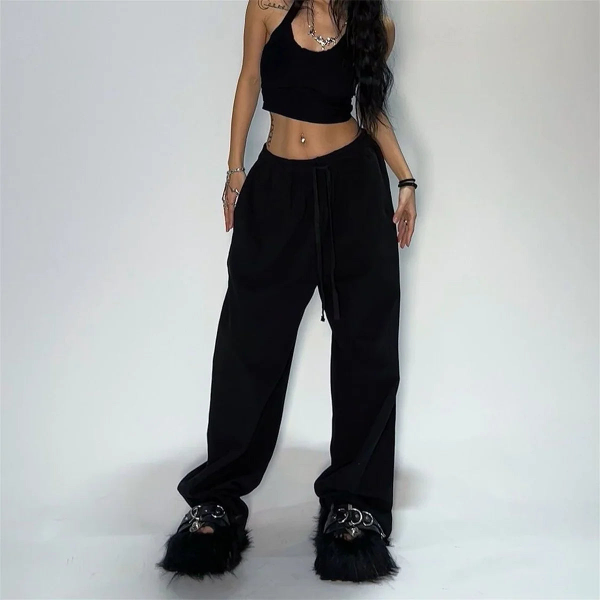 Mode Vintage Y2K Baggy Hose Frauen Sommer Breite Bein Elastische Taille Lose Hosen Dame Einfarbig Hip Hop Hosen Casual Kleidung