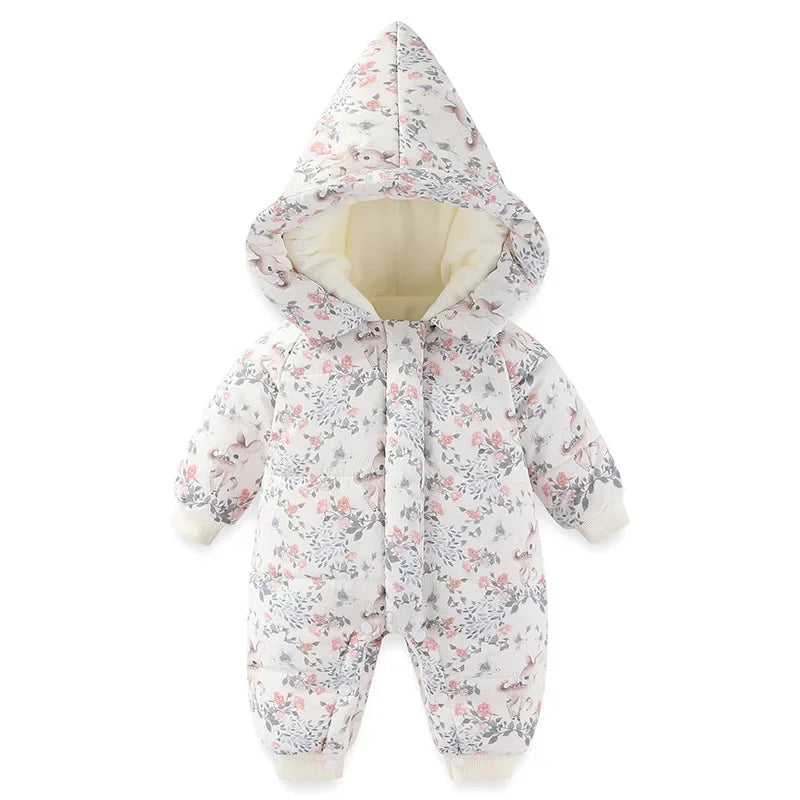 Body für Neugeborene und Mädchen, verdickter, wasserdichter, bedruckter Schneeanzug, 0–24 Monate, Kleinkind-Jungen-Overall mit Kapuze, warmes Winter-Einteiler-Outfit