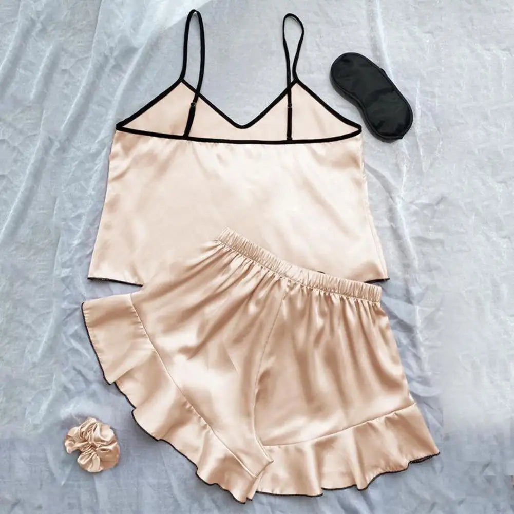 Damen-Pyjama-Set mit Trägern, elegantes Satin-Damen-Pyjama-Set mit Spaghettiträger-Oberteil, rückenfrei, V-Ausschnitt, Rüschen, plissiert für Komfort