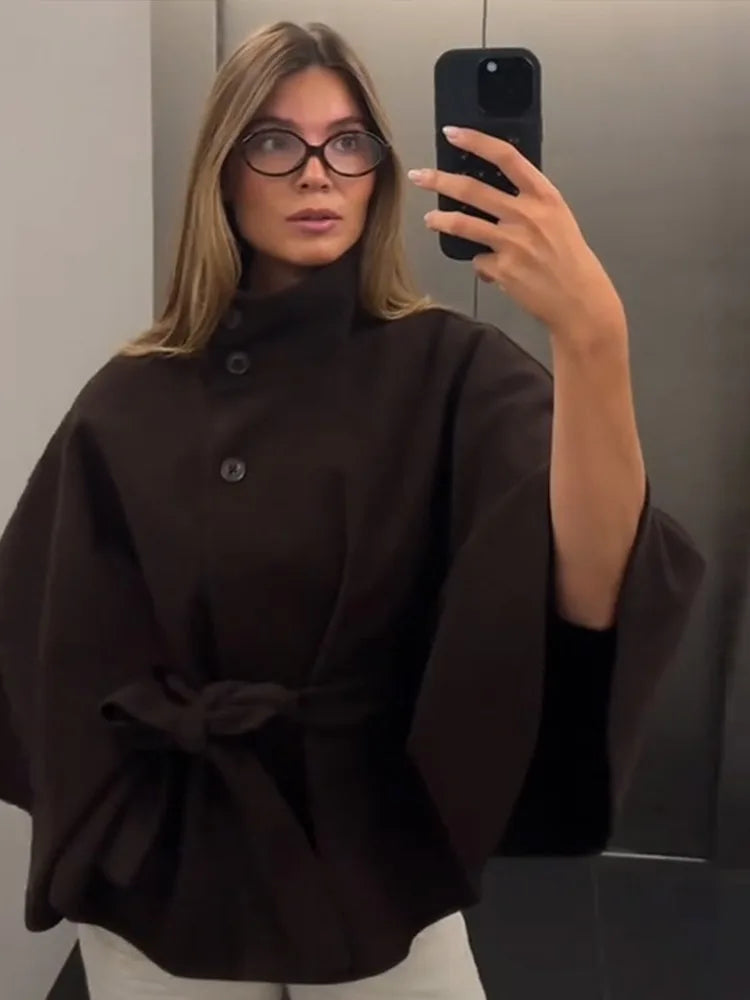 Damenmantel, kurze Cape-Mäntel für Damen, Gürtel, Mäntel aus Kunstwolle und Mischungen, Herbst-Winter, feste Mäntel, elegante Umhangjacke für Damen