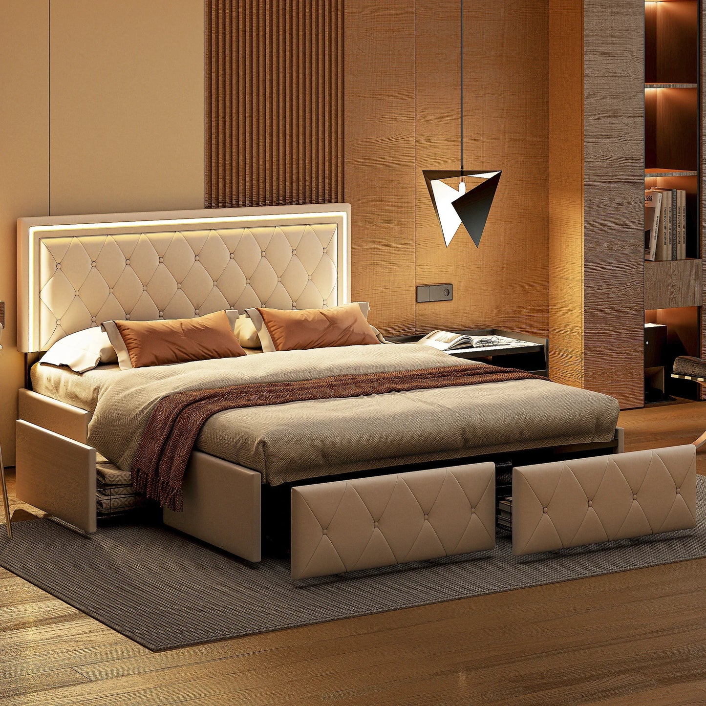 Rosahqnda Modernes Kunstlederbett mit Schubladen, stilvolles Doppelbett aus Kunstleder mit Stauraum, ohne Matratze