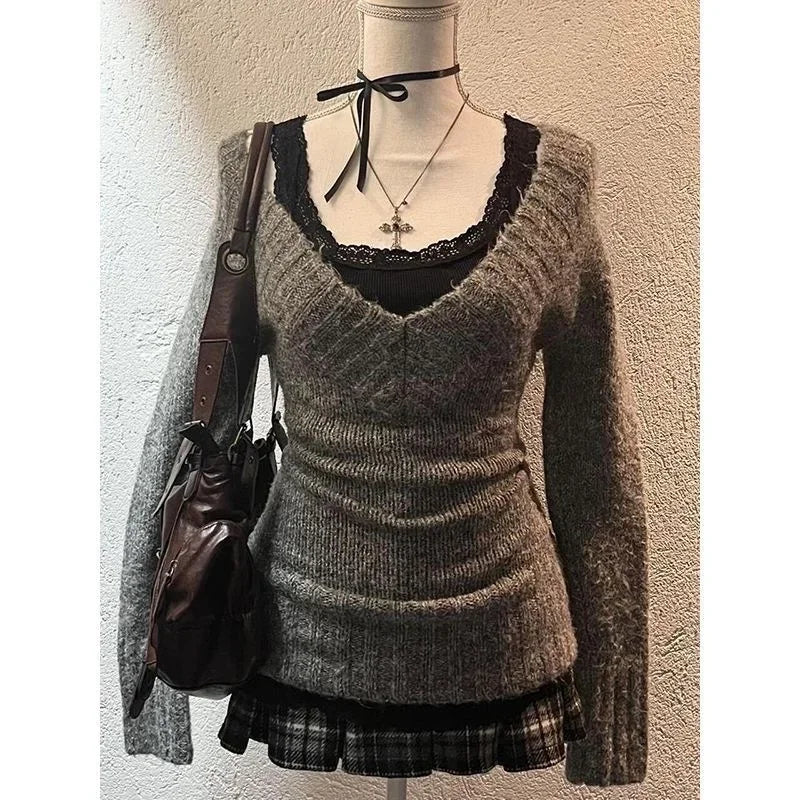 Deeptown Sexy Gestrickte Pullover Frauen V-ausschnitt Vintage Frühen Y2k Grunge Pullover Mujer Herbst Mode Langarm Pullover Schlank