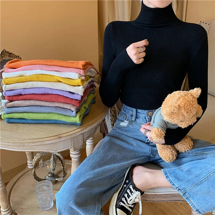 2023 herbst Winter Frauen Langarm Gestrickte Foldover Rollkragen Rippen Pull Pullover Weiche Warme Femme Jumper Pullover Kleidung