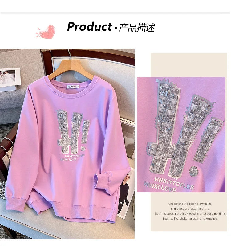 175kg plus size Damen büste Frühling Herbst loser Rundhals ausschnitt Langarm bedrucktes Sweatshirt schwarz lila 5xl 6xl 7xl 8xl 9xl