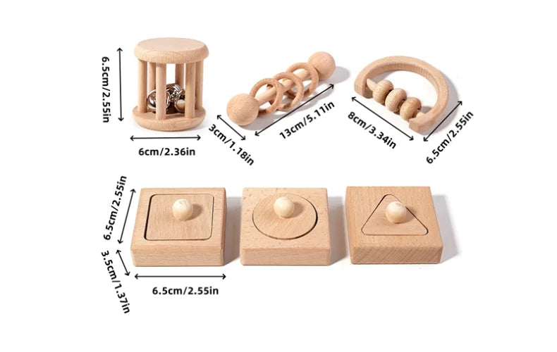 Wooden Geometric Shapes Sorting Montessori Puzzle Toys Baby Toys Wooden Rattles Ring Rattles Sensory Toys Preschool Education.