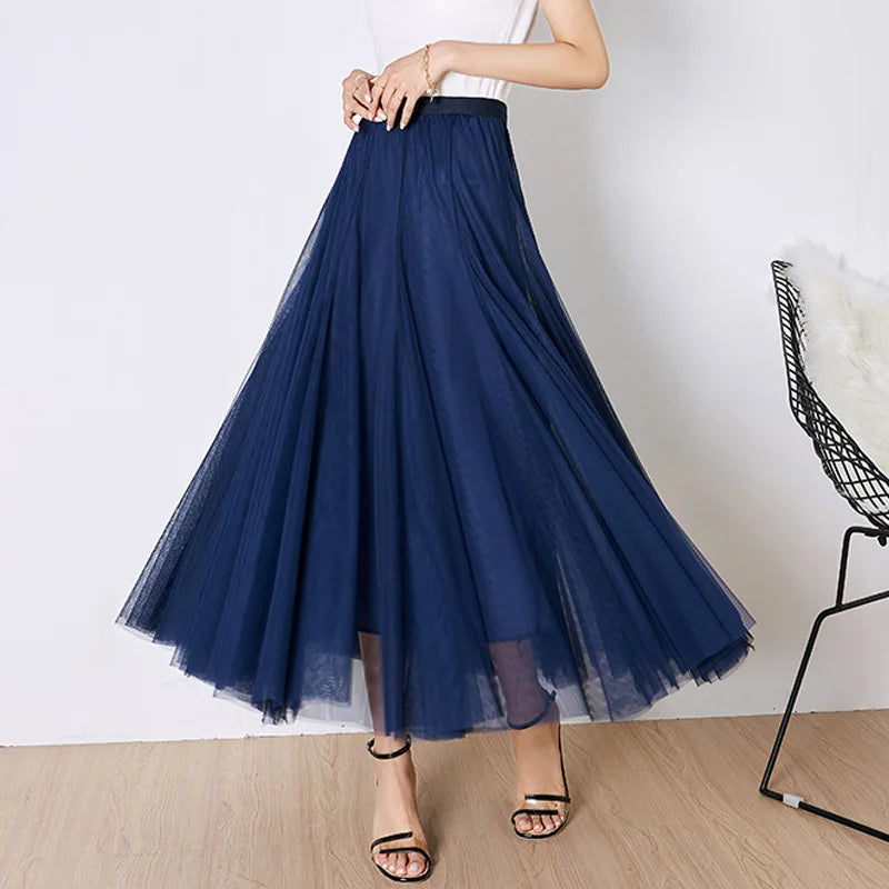 OHRYIYIE Beige Maxi Long Skirt Spring Autumn Womens 2025 New Summer Tulle Skirt Party Mesh A-line Skirts Female Jupe Longue