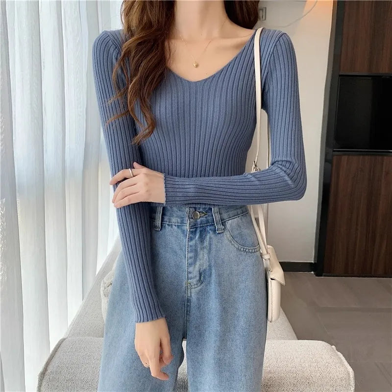 2025 einfarbig Schlank Pullover Koreanische Herbst Winter V-ausschnitt Pullover Mode Lässig Langarm Gestrickte Pullover Frauen Kleidung